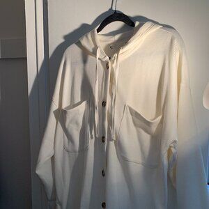 Roxy Waffle Knit Button-Up Hoodie Cream White Size L/G Oversized Fit